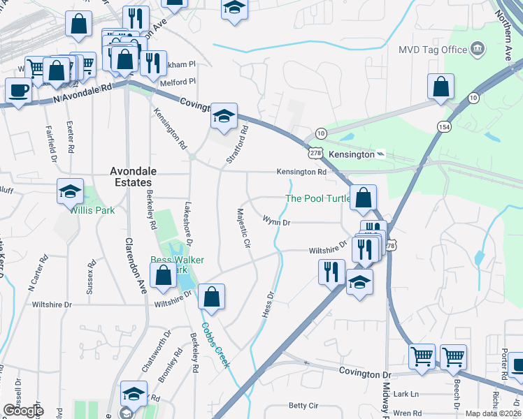 map of restaurants, bars, coffee shops, grocery stores, and more near 3192 Wynn Drive in Avondale Estates
