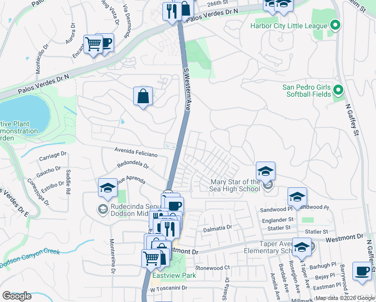 map of restaurants, bars, coffee shops, grocery stores, and more near 27616 Suncrest Road in Los Angeles