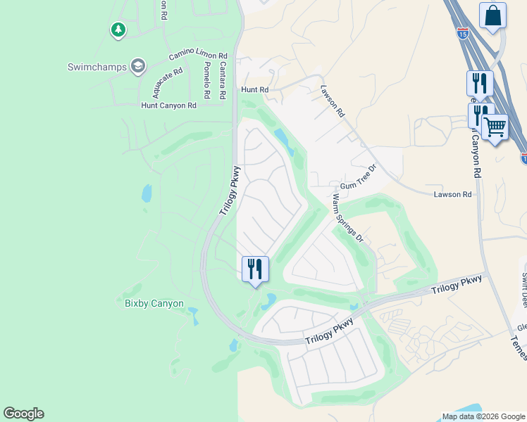 map of restaurants, bars, coffee shops, grocery stores, and more near 9121 Wooded Hill Drive in Corona