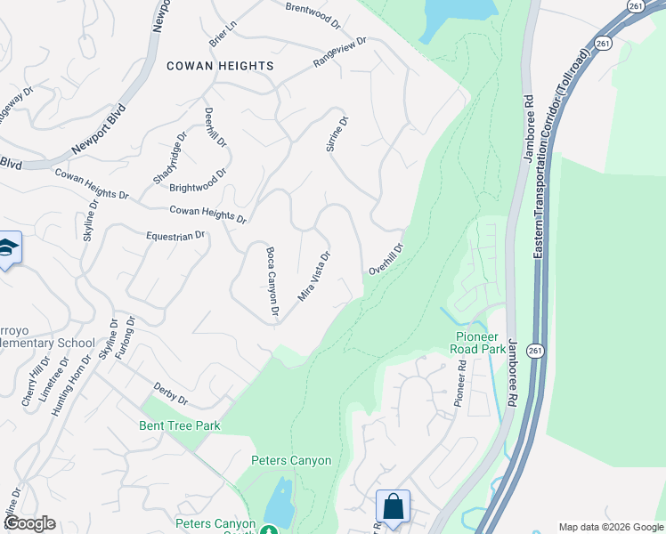 map of restaurants, bars, coffee shops, grocery stores, and more near 10392 Mira Vista Drive in Santa Ana