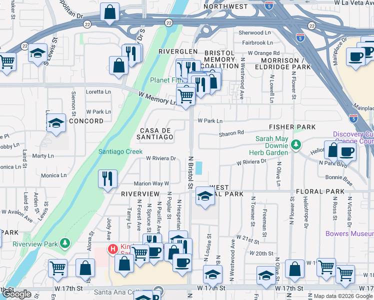 map of restaurants, bars, coffee shops, grocery stores, and more near 2504 North Bristol Street in Santa Ana