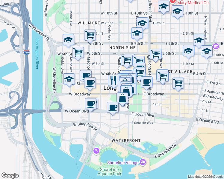 map of restaurants, bars, coffee shops, grocery stores, and more near 245 West Broadway in Long Beach