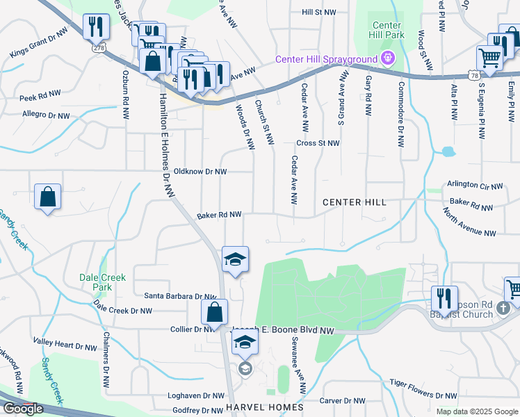 map of restaurants, bars, coffee shops, grocery stores, and more near 2473 Baker Rd NW in Atlanta