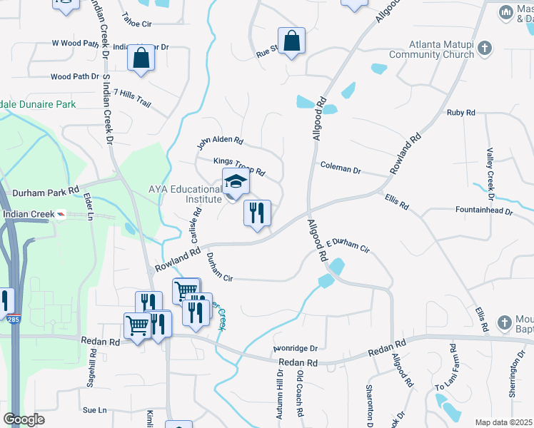 map of restaurants, bars, coffee shops, grocery stores, and more near 4259 Kings Troop Road in Stone Mountain