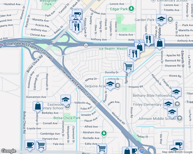map of restaurants, bars, coffee shops, grocery stores, and more near 5681 Norma Drive in Westminster
