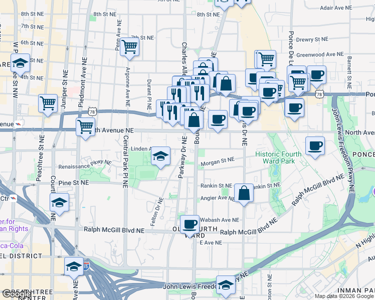 map of restaurants, bars, coffee shops, grocery stores, and more near in Atlanta