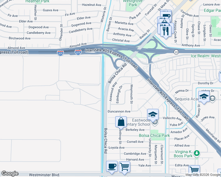 map of restaurants, bars, coffee shops, grocery stores, and more near 13291 Anawood Way in Westminster