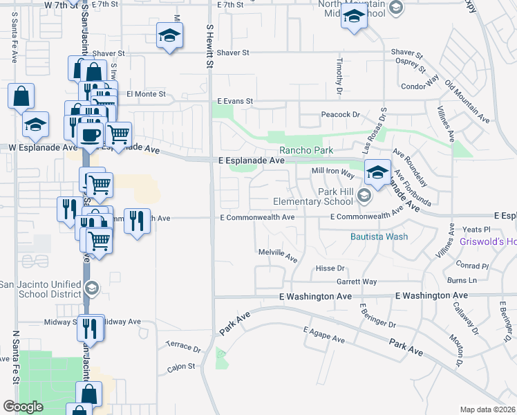 map of restaurants, bars, coffee shops, grocery stores, and more near 747 Camino De Oro in San Jacinto
