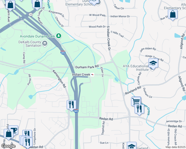 map of restaurants, bars, coffee shops, grocery stores, and more near 3901 Durham Park Road in Stone Mountain