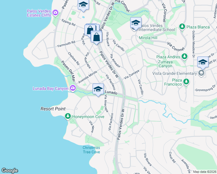map of restaurants, bars, coffee shops, grocery stores, and more near 2640 Vía Anacapa in Palos Verdes Estates