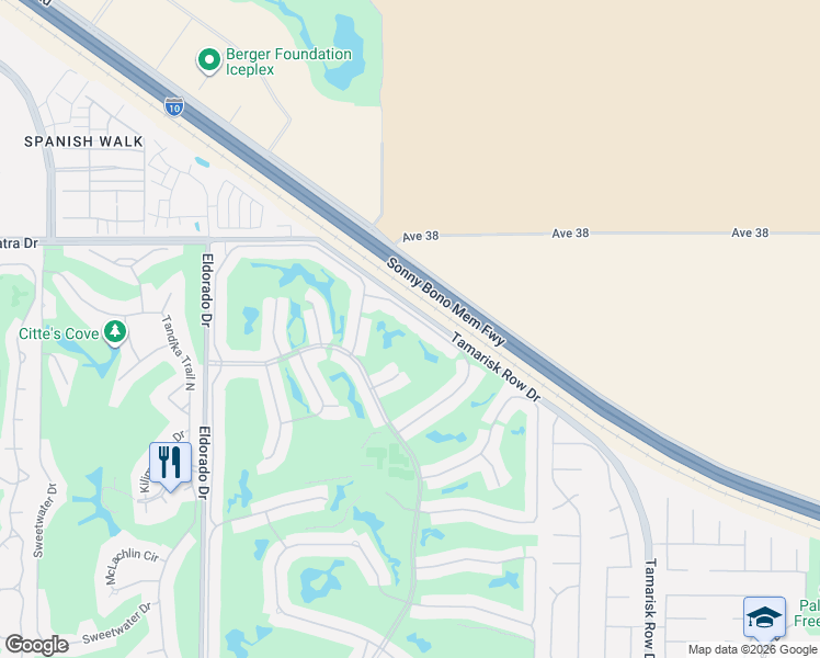 map of restaurants, bars, coffee shops, grocery stores, and more near 38399 Nasturtium Way in Palm Desert