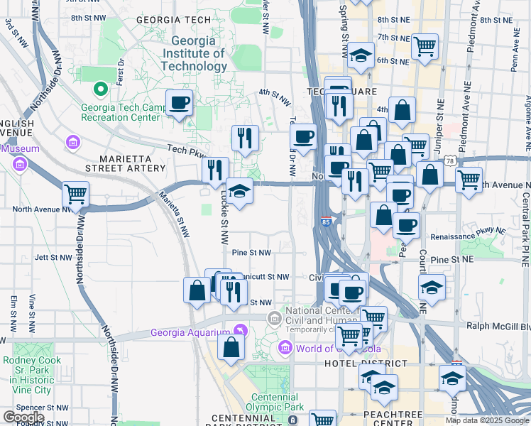 map of restaurants, bars, coffee shops, grocery stores, and more near 190 Centennial Way in Atlanta