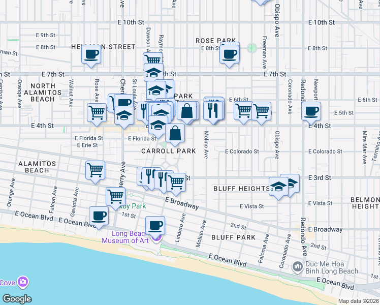 map of restaurants, bars, coffee shops, grocery stores, and more near 345 Wisconsin Avenue in Long Beach