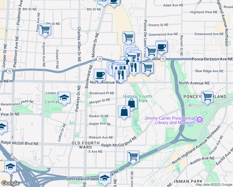 map of restaurants, bars, coffee shops, grocery stores, and more near 575 Glen Iris Drive Northeast in Atlanta