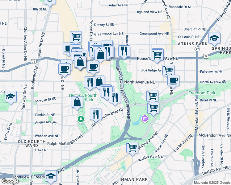 map of restaurants, bars, coffee shops, grocery stores, and more near 830 Belgrade Avenue Northeast in Atlanta