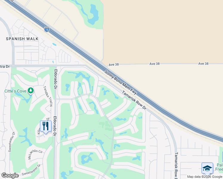 map of restaurants, bars, coffee shops, grocery stores, and more near 38417 Nasturtium Way in Palm Desert