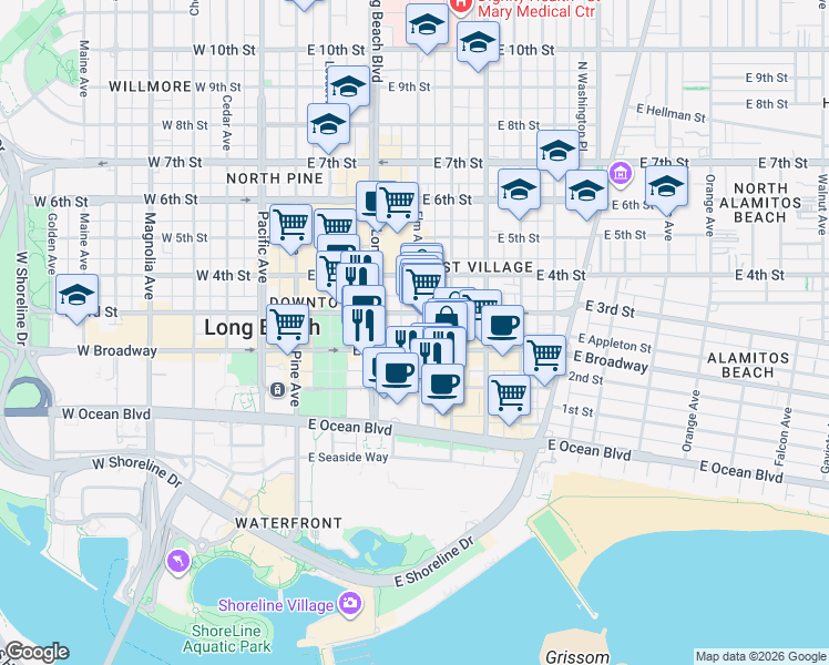 map of restaurants, bars, coffee shops, grocery stores, and more near 231 Elm Avenue in Long Beach