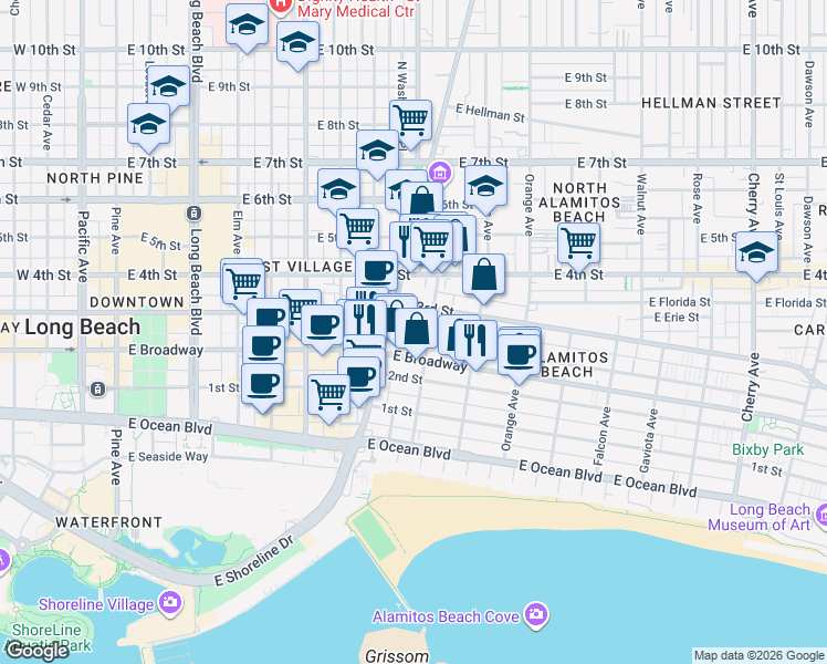 map of restaurants, bars, coffee shops, grocery stores, and more near 939 East Appleton Street in Long Beach
