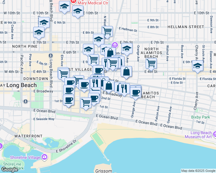 map of restaurants, bars, coffee shops, grocery stores, and more near 939 East Appleton Street in Long Beach