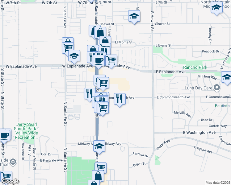 map of restaurants, bars, coffee shops, grocery stores, and more near East Commonwealth Avenue in San Jacinto
