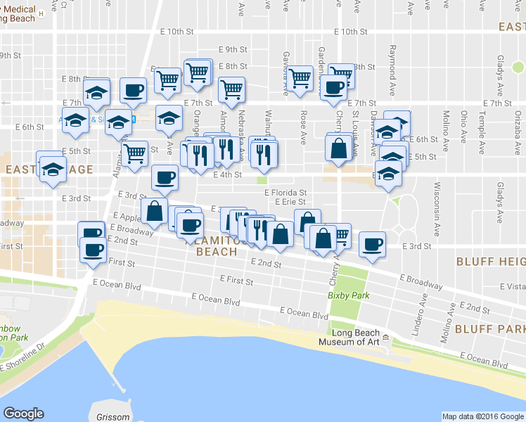 map of restaurants, bars, coffee shops, grocery stores, and more near 1533 East 3rd Street in Long Beach