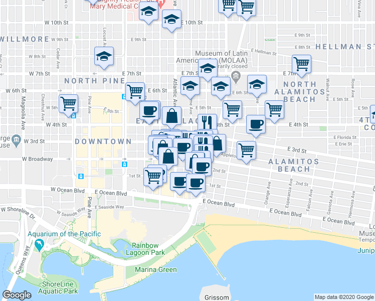 map of restaurants, bars, coffee shops, grocery stores, and more near 227 Lime Avenue in Long Beach