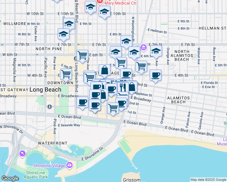 map of restaurants, bars, coffee shops, grocery stores, and more near 227 Lime Avenue in Long Beach