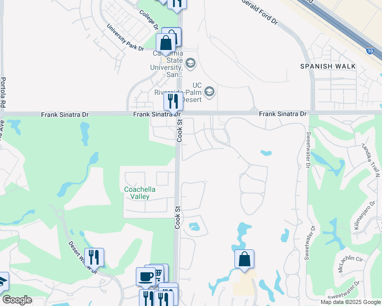 map of restaurants, bars, coffee shops, grocery stores, and more near 340 Augusta Drive in Palm Desert