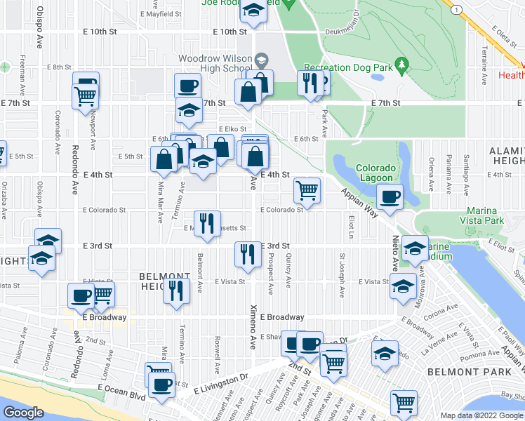map of restaurants, bars, coffee shops, grocery stores, and more near 4420 E Colorado St in Long Beach