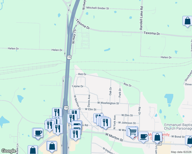 map of restaurants, bars, coffee shops, grocery stores, and more near 2814 Ray Drive in Denison