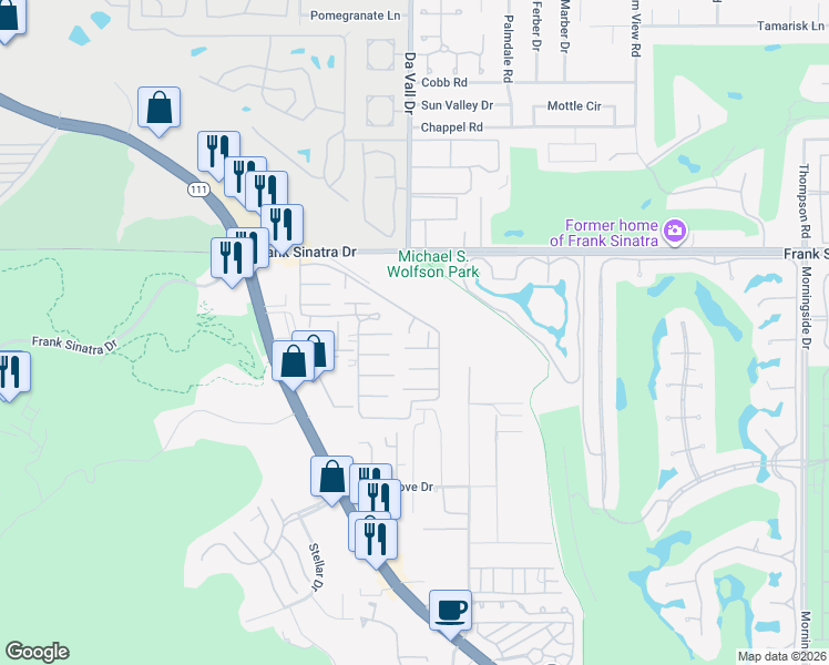 map of restaurants, bars, coffee shops, grocery stores, and more near 281 Turf Paradise Street in Rancho Mirage