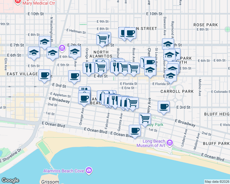 map of restaurants, bars, coffee shops, grocery stores, and more near 1527 East 3rd Street in Long Beach