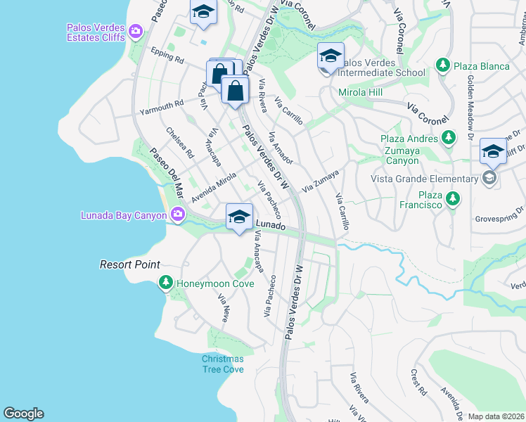 map of restaurants, bars, coffee shops, grocery stores, and more near 2640 Vía Anacapa in Palos Verdes Estates