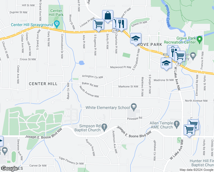 map of restaurants, bars, coffee shops, grocery stores, and more near 1996 Baker Road Northwest in Atlanta