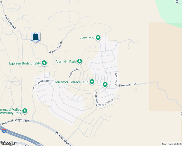 map of restaurants, bars, coffee shops, grocery stores, and more near 24047 Ashton Road in Corona