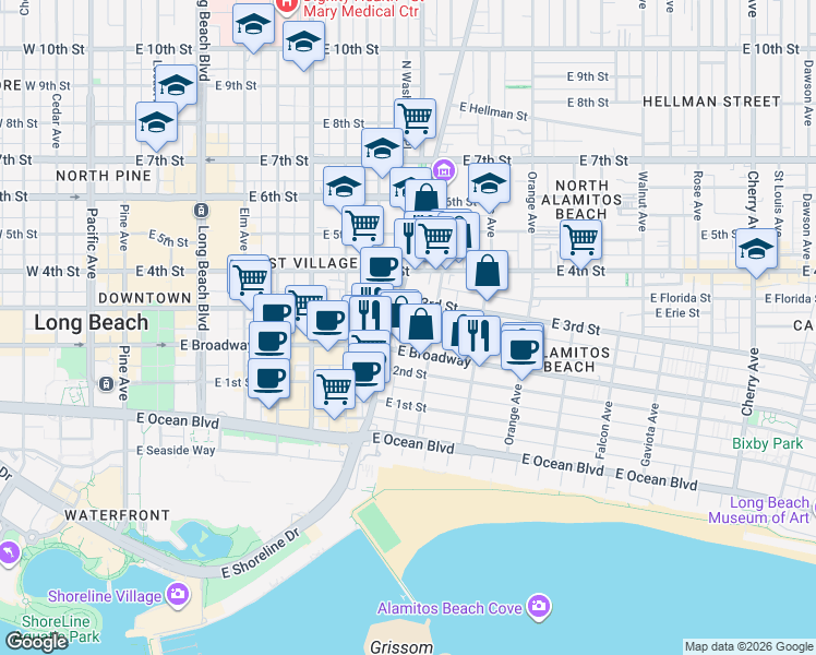 map of restaurants, bars, coffee shops, grocery stores, and more near 241 Bonito Avenue in Long Beach