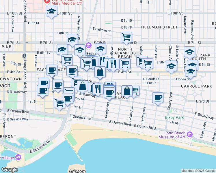 map of restaurants, bars, coffee shops, grocery stores, and more near 1162 East 3rd Street in Long Beach