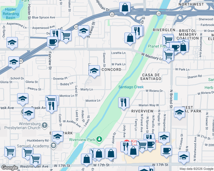 map of restaurants, bars, coffee shops, grocery stores, and more near 13302 Siemon Street in Garden Grove