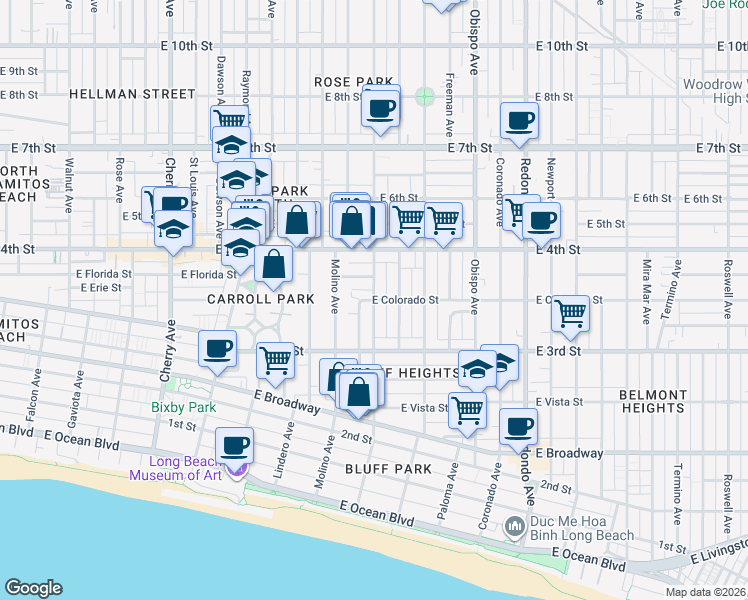 map of restaurants, bars, coffee shops, grocery stores, and more near Temple Avenue & East Colorado Street in Long Beach