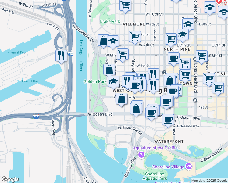 map of restaurants, bars, coffee shops, grocery stores, and more near 730 West 3rd Street in Long Beach