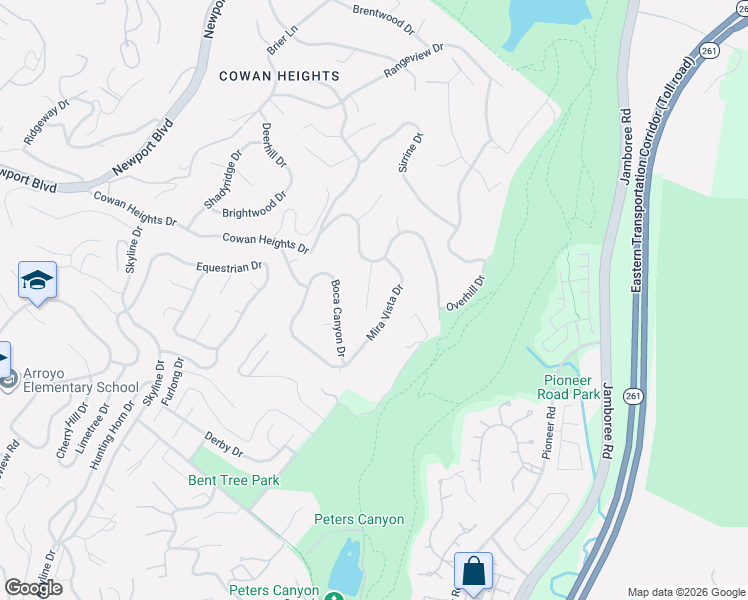 map of restaurants, bars, coffee shops, grocery stores, and more near 10431 Mira Vista Drive in Santa Ana
