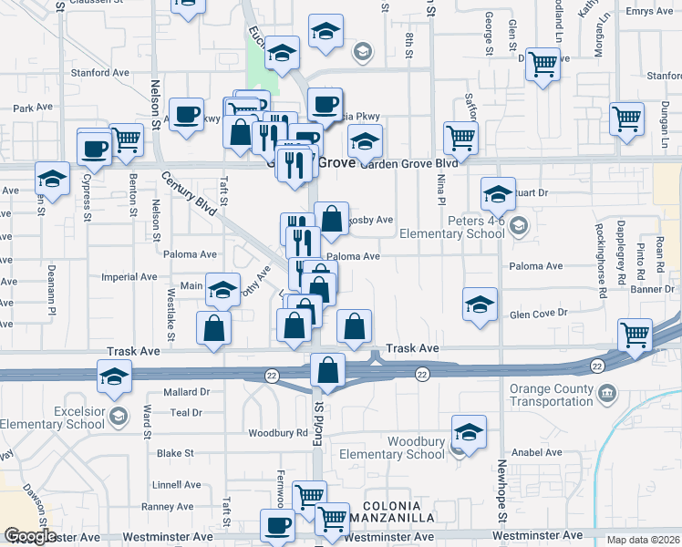 map of restaurants, bars, coffee shops, grocery stores, and more near 13312 Ramona Place in Garden Grove