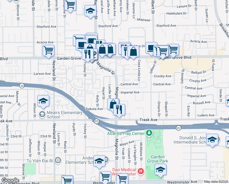 map of restaurants, bars, coffee shops, grocery stores, and more near 9022 Imperial Avenue in Garden Grove