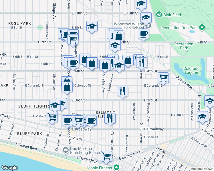 map of restaurants, bars, coffee shops, grocery stores, and more near 346 Termino Avenue in Long Beach