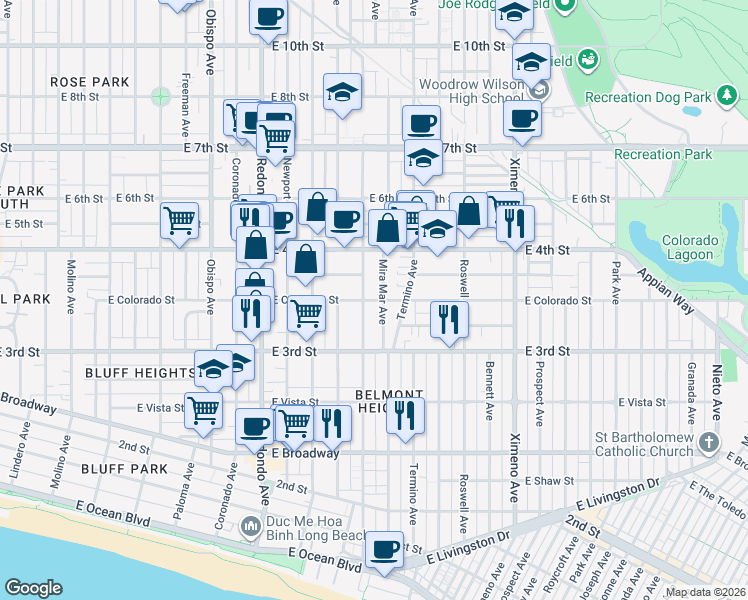 map of restaurants, bars, coffee shops, grocery stores, and more near 339 Mira Mar Avenue in Long Beach