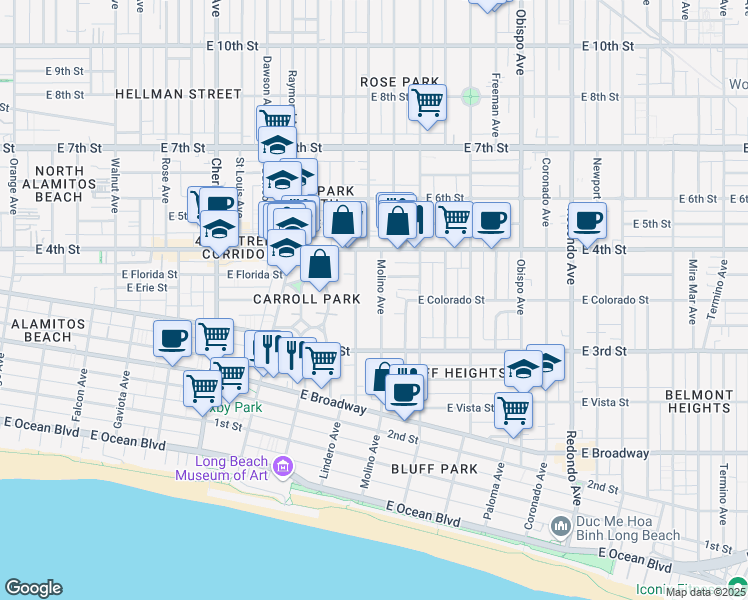 map of restaurants, bars, coffee shops, grocery stores, and more near 337 Molino Avenue in Long Beach
