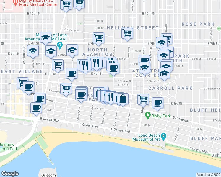 map of restaurants, bars, coffee shops, grocery stores, and more near 1500 East 3rd Street in Long Beach
