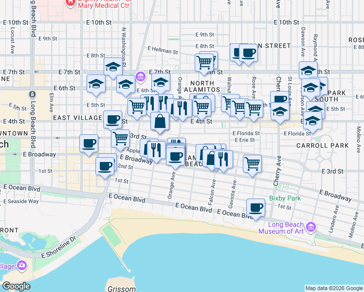map of restaurants, bars, coffee shops, grocery stores, and more near 1216 East 3rd Street in Long Beach