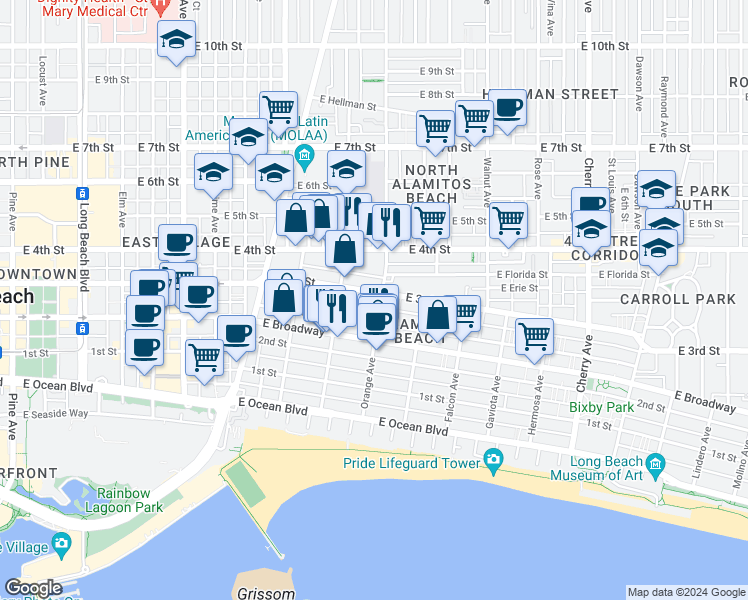 map of restaurants, bars, coffee shops, grocery stores, and more near 1135 East Appleton Street in Long Beach