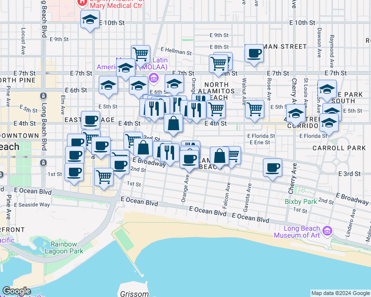 map of restaurants, bars, coffee shops, grocery stores, and more near 1135 East Appleton Street in Long Beach